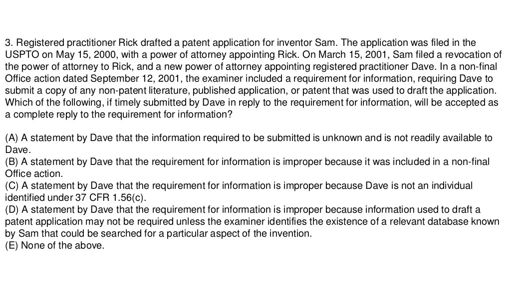 Patent bar exam example questions